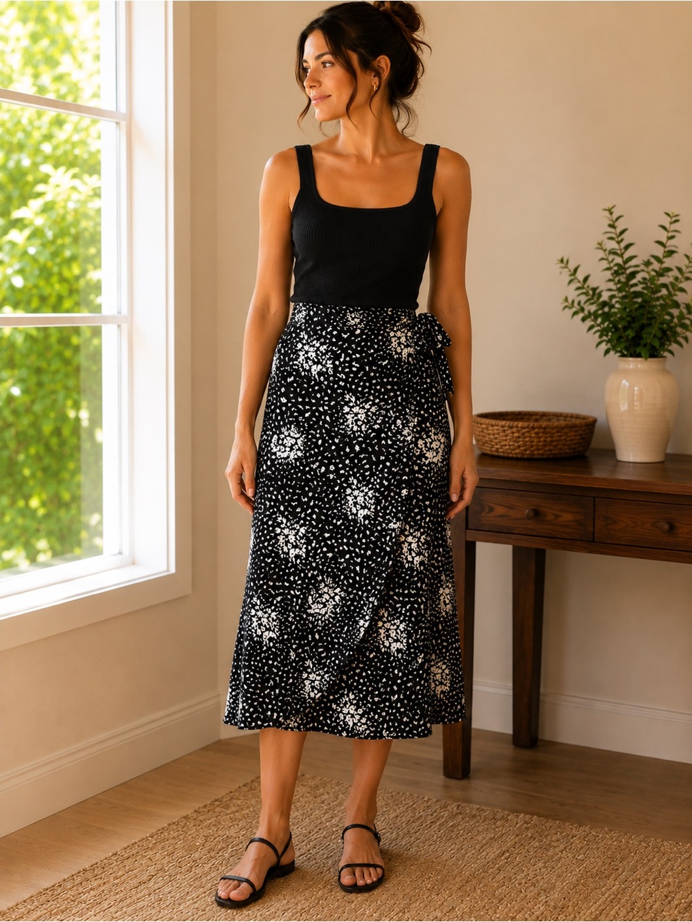 Knox Rose Black and White Floral High-Low Wrap Skirt